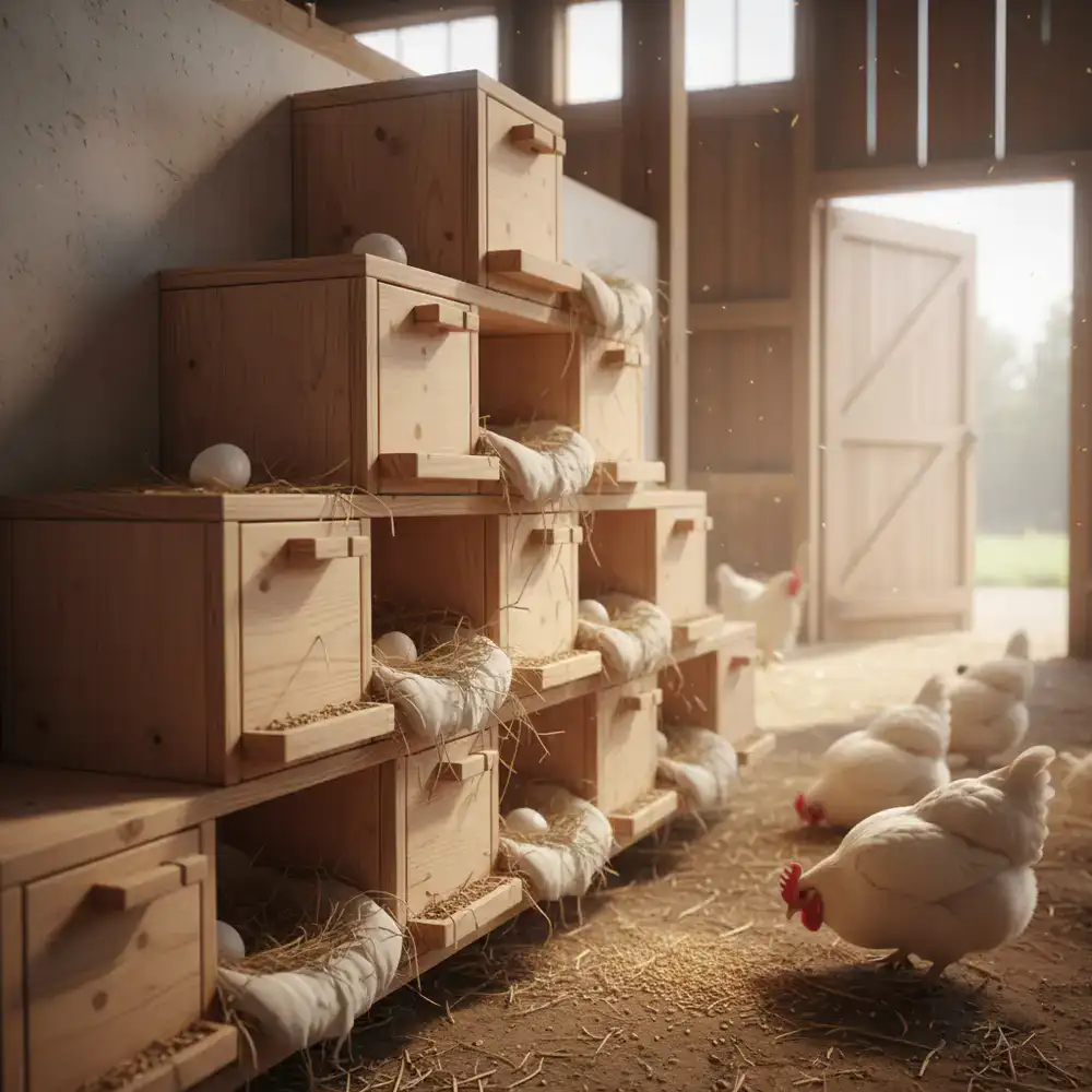 Clean, cozy wooden nesting boxes inside the barn