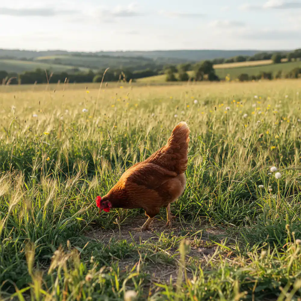 Copper Marans hen in an open field