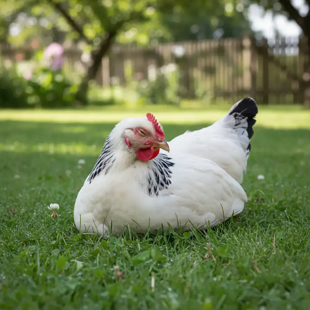 Sussex hen resting on grass