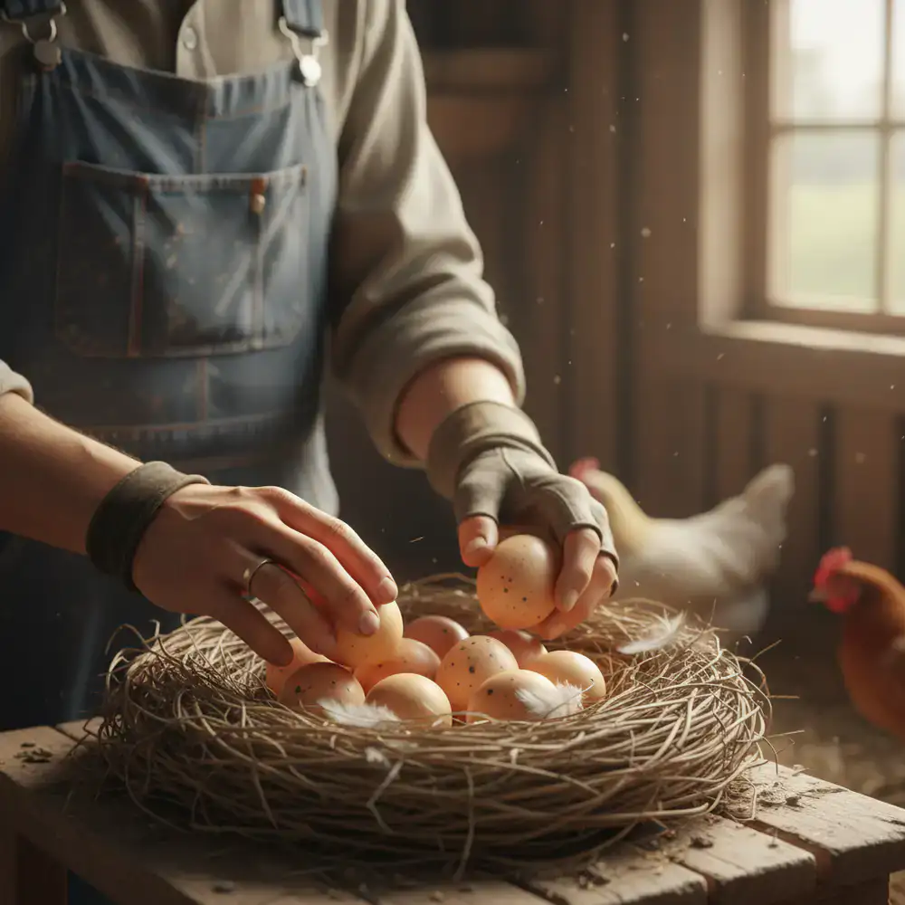 A farmer carefully picking up fresh brown eggs from a nest