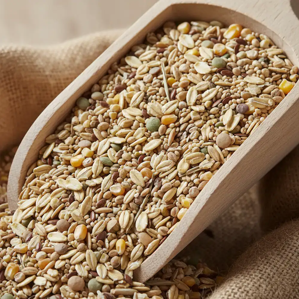 Close up of organic grain feed in a wooden scoop