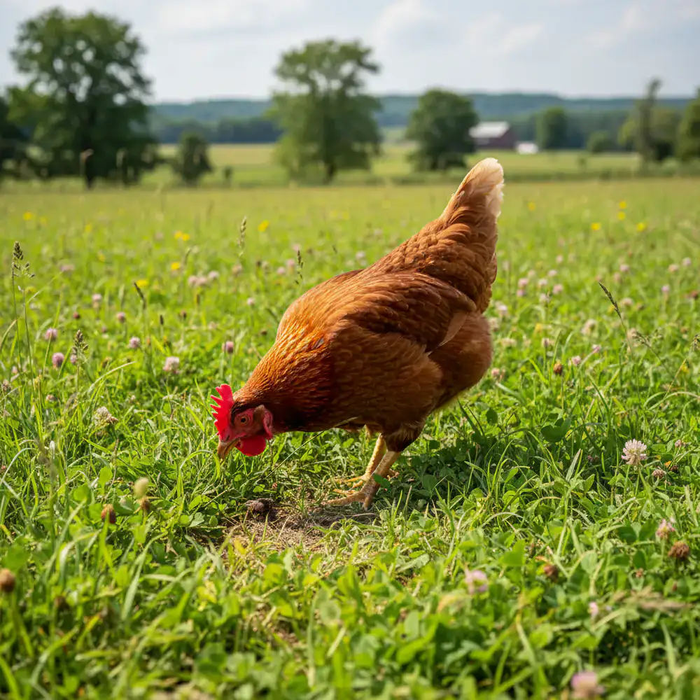 A healthy hen foraging in a lush green pasture