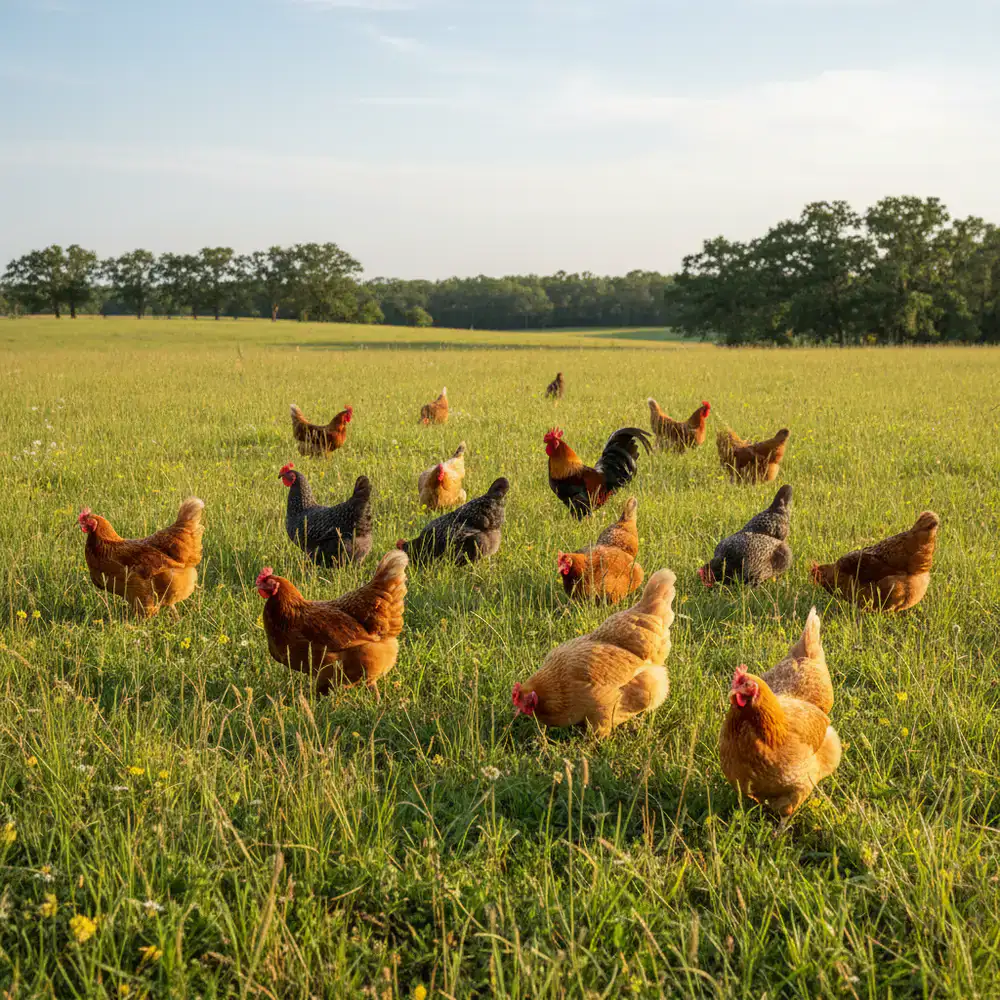 Hens roaming freely in an open green pasture