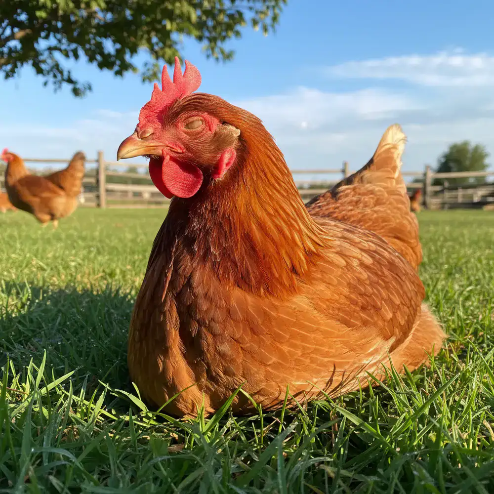 A healthy hen resting on green grass at the farm