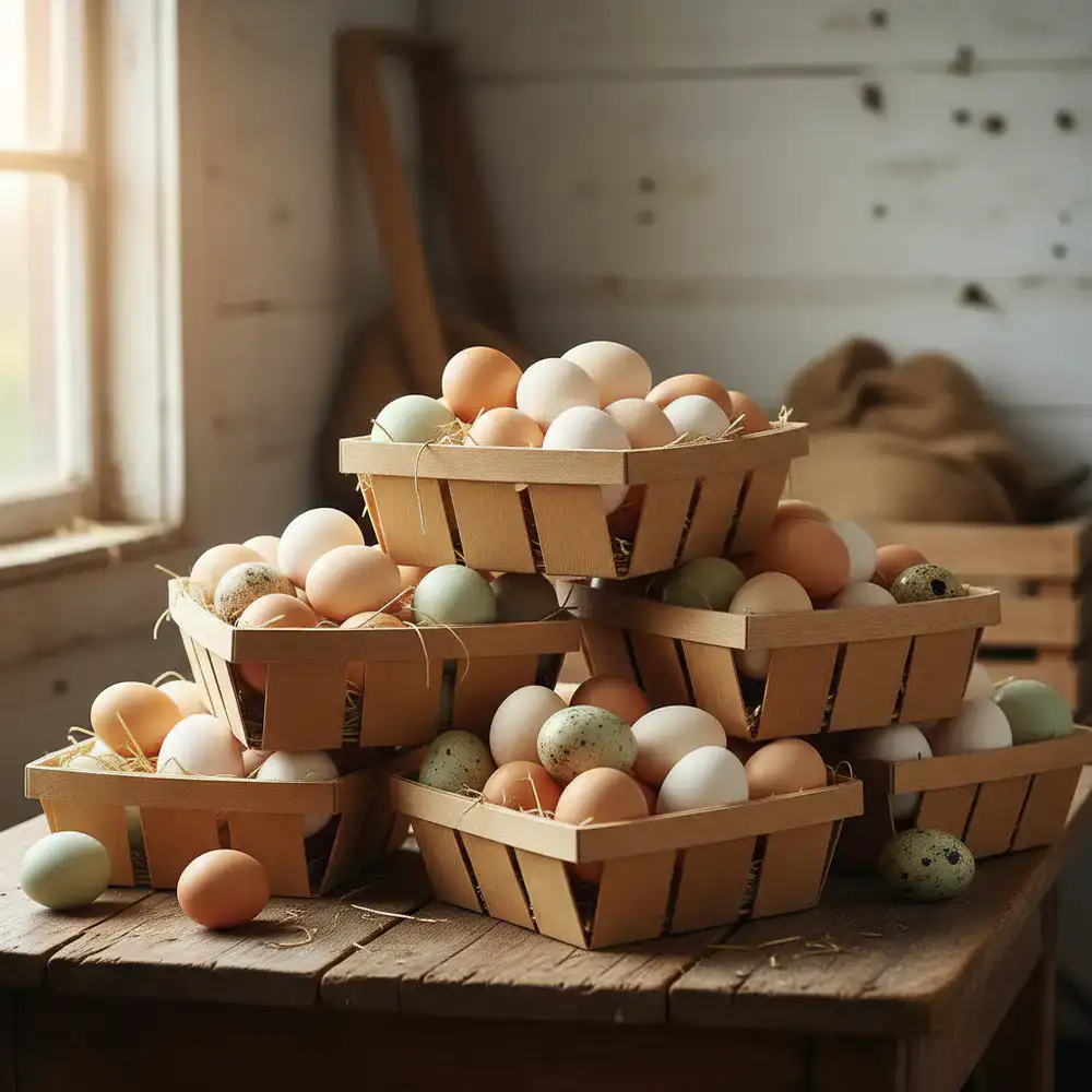 Multiple stacked trays of farm eggs