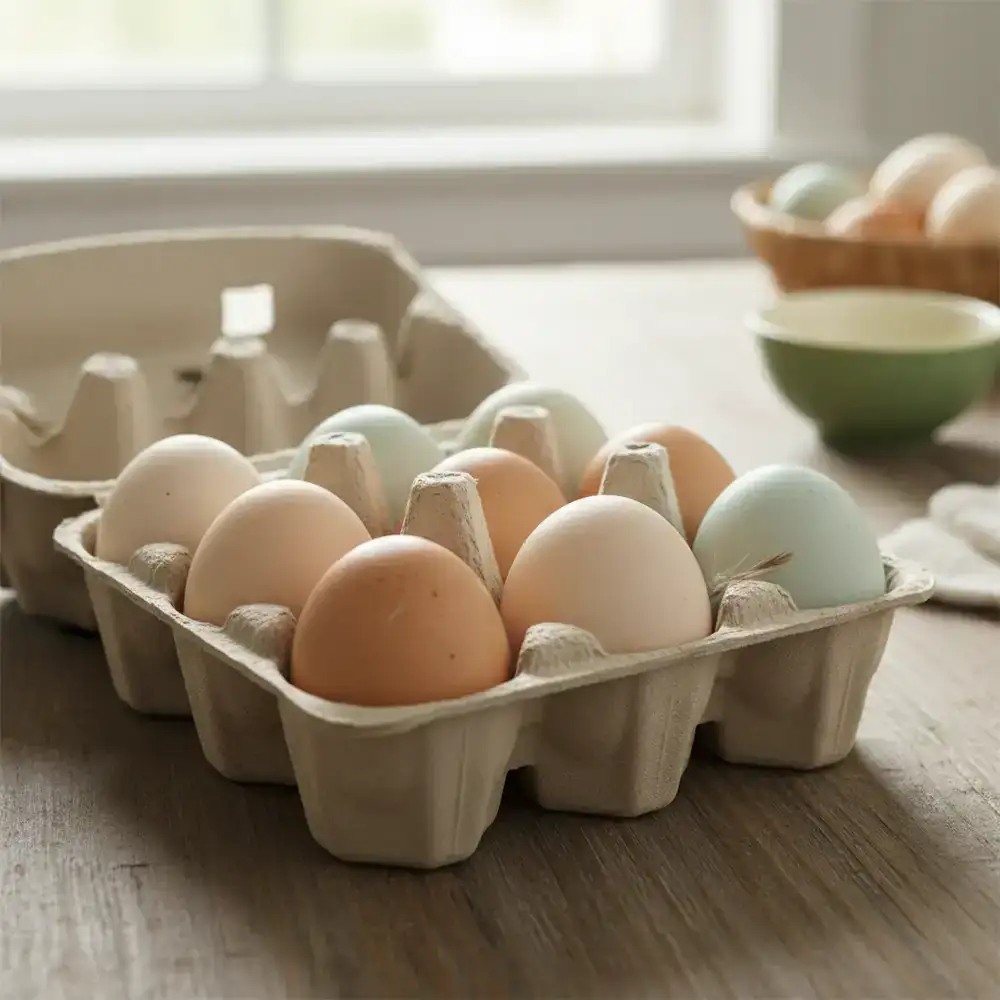 A full carton of twelve mixed farm eggs