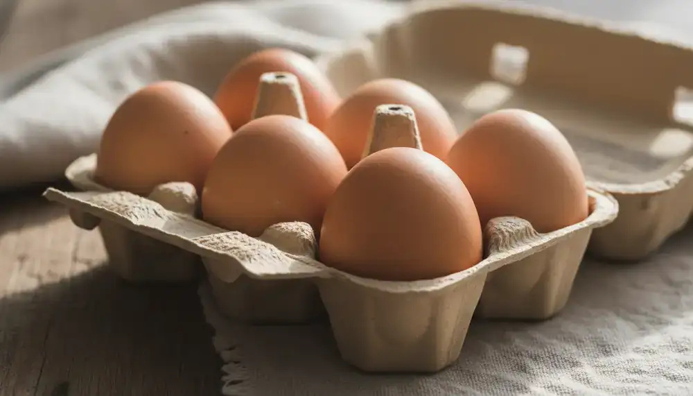 A carton containing six large brown eggs