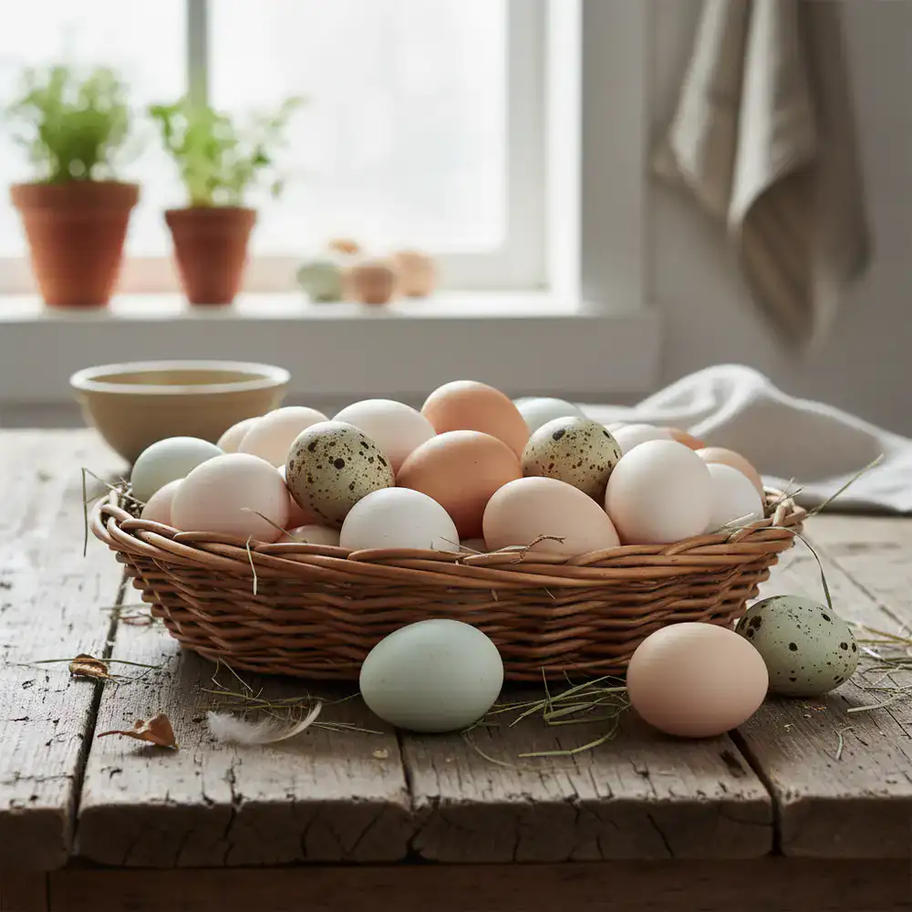 A large basket of fresh organic eggs sitting on a wooden table