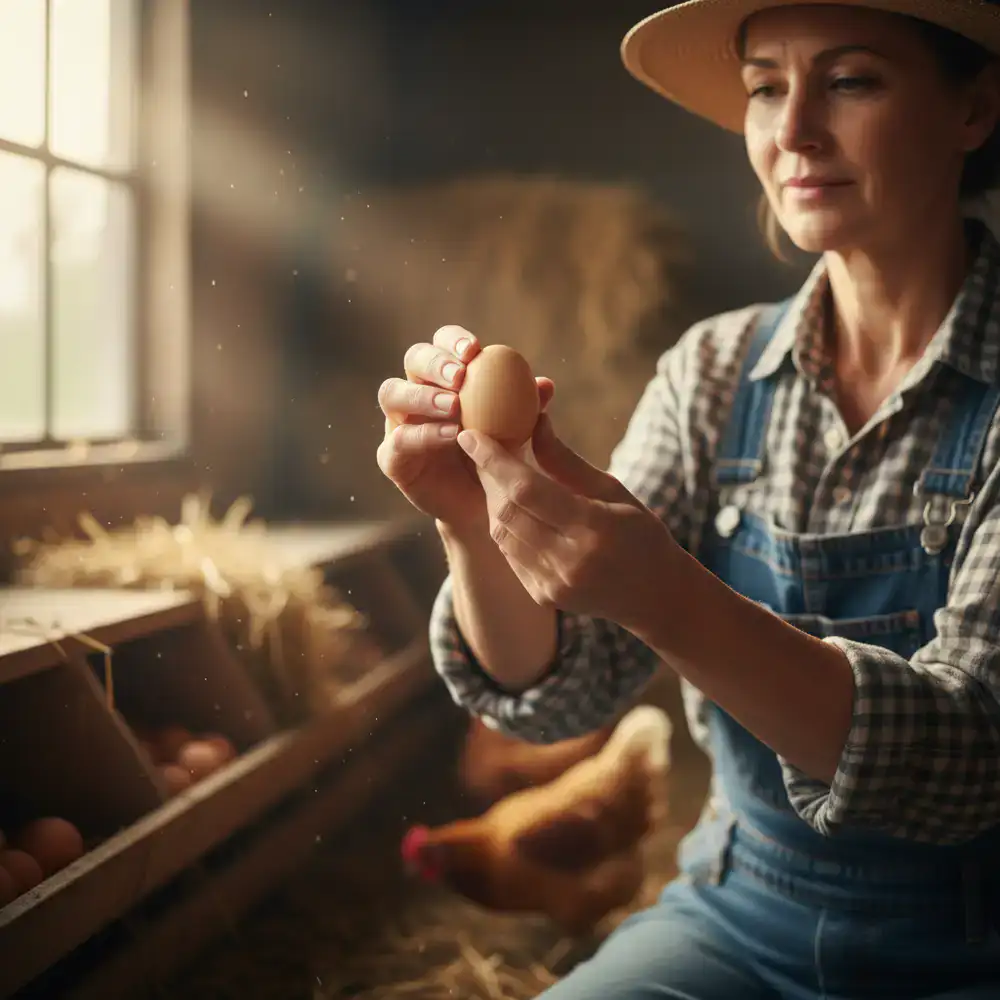A farmer carefully inspecting a fresh egg for quality